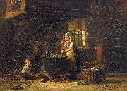 Hendrik Valkenburg, An old kitchen with a mother and two children at the cauldron